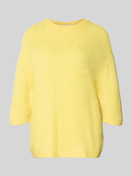 Produktfoto, Strickpullover aus Kaschmir-Baumwoll-Mix mit 3/4-Arm von HERZENS, żółty, krój regular fit, okrągły dekolt, długość tyłu 63 cm, długość rękawa 30 cm