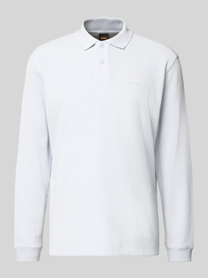 Produktfoto, Regular Fit Poloshirt aus Baumwoll-Mix Modell 'PETEMPESTOLONG' van BOSS Orange, wit, piqué textuur, lange mouwen, unicolor, labelstiksel, 2-knoopssluiting, overhemdkraag.