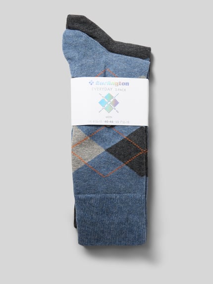 Productfoto, Sokken met label-applicatie model 'Everyday Argyle' in 2-pack van Burlington, katoenmix met stretch, blauw met ruitpatroon.