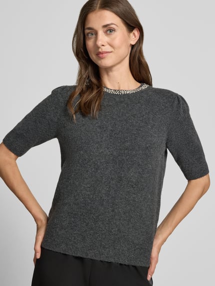 Jake*s Collection Pullover mit Strasskragen Modell 'K106-EmbNeckPull' Dunkelgrau Melange 3