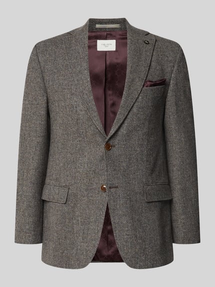 Produktfoto, Slim Fit Sakko mit Viskose-Anteil Modell 'Theo' von Carl Gross, krój slim fit, szara tkanina, brązowe guziki, kieszenie z patką, podszewka bordowa, materiał z mieszanki z wiskozą, szerokość w rozmiarze 50: 45 cm, długość pleców: 74 cm, długość rękawa: 65 cm.