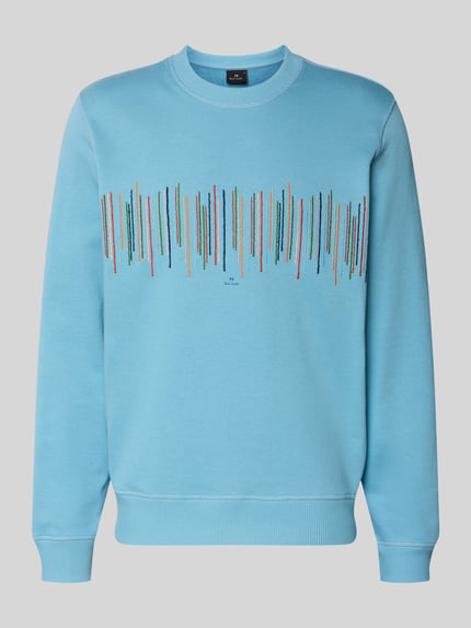 Produktfoto, Sweatshirt mit Motiv-Stitching von PAUL SMITH in Hellblau, Reine Baumwolle, Regular-Fit, gerippter Rundhalsausschnitt, bunte Stitching-Details auf der Vorderseite