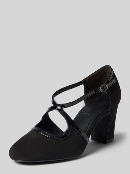 Productfoto, zwarte pumps in leerlook met glanzende details, stevige hak, Pumps in Leder-Optik van Tamaris, Dames