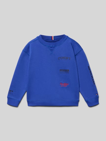 Produktfoto, Regular Fit Sweatshirt aus Baumwoll-Mix van Tommy Hilfiger Kids, blauw, unikleurig, label- en motiefprint, ronde hals, lange mouwen, geribde boorden, sweatstof, katoenmix