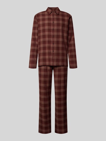 Produktfoto, Pyjama aus reiner Baumwolle mit Knopfleiste und Umlegekragen von Schiesser, karomuster, rot-braune Töne, Regular Fit, elastischer Bund, Tunnelzug
