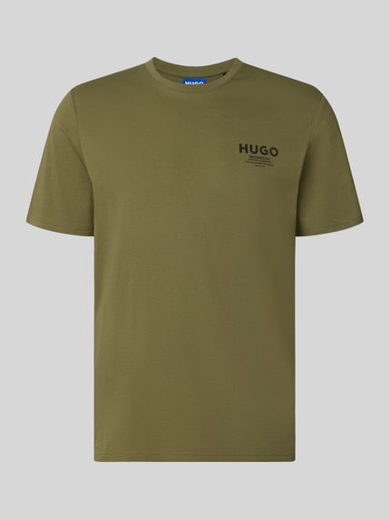 Productfoto, Regular Fit T-Shirt aus reiner Baumwolle Modell 'NESPTEE' van HUGO Heren t-shirt in olijfgroen met zwarte logoprint, gladde textuur