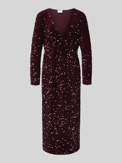 Produktfoto, Midikleid mit V-Ausschnitt Modell 'FAITH' von Vila in Bordeaux mit Paillettenbesatz, taillierter Schnitt, Wickel-Optik, langärmelig, blickdichtes Unterkleid, Bundweite bei Größe S 38 cm, Gesamtlänge bei Größe S 124 cm.