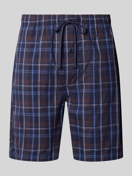 Produktfoto, ciemnoniebiesko-brązowe szorty piżamowe w kratę z bawełny, sznurek i elastyczny pas, wzór na całej powierzchni, krój regular fit, Pyjama-Shorts mit elastischem Bund und Tunnelzug od bugatti, bawełna, krój regular fit, wzór na całej powierzchni, elastyczny pas, tunel