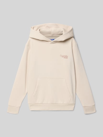 Produktfoto, Hoodie mit Kapuze Modell 'ROAR' von Jack & Jones z mieszanki bawełny, luźny krój, nadruk z logo, kieszeń kangurka, prążkowane wykończenia, kolor jasny, gładka tekstura.