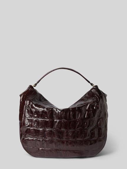 Produktfoto, Crossbody Bag mit Steppnähten Modell 'MIA' von Abro in Dunkelbraun, glänzende Kroko-Textur, kurzer Tragehenkel, abnehmbarer Schulterriemen, Hauptfach mit Reißverschluss, Label-Detail, rechteckige Form, 40x35x10 cm, Damen Accessoire