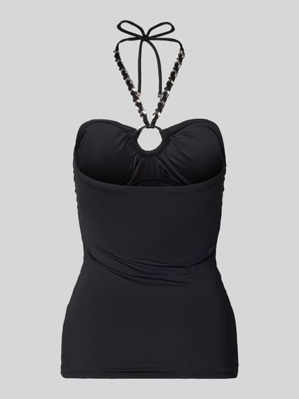 Produktfoto, Tankini-Oberteil mit Neckholder in Gliederketten-Optik von Michael Kors, schwarzer Material-Mix mit Stretch, Bandeau Fit, rückseitige Schnürung, glatte Struktur.