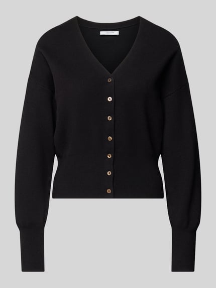 Produktfoto, Regular Fit Cardigan mit Viskose-Anteil Modell 'Compact' von Topshop, schwarze Strick-Optik, V-Ausschnitt, Knopfleiste, Baumwoll-Mix