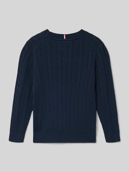 Produktfoto, Regular Fit Pullover aus reiner Baumwolle van Tommy Hilfiger Teens, donkerblauw, kabelpatroon, logo-stitching, geribde boorden, ronde hals, lange mouw, gebreid, effen