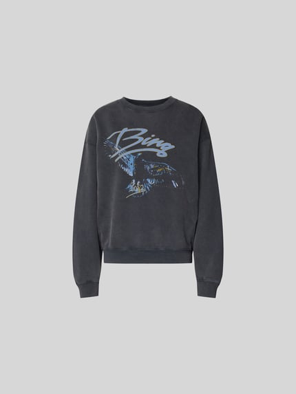 Produktfoto, Regular Fit Sweatshirt mit Motiv-Print von Anine Bing aus czarnej bawełny, okrągły dekolt, elastyczne wykończenia, długość tyłu 59 cm w rozmiarze S