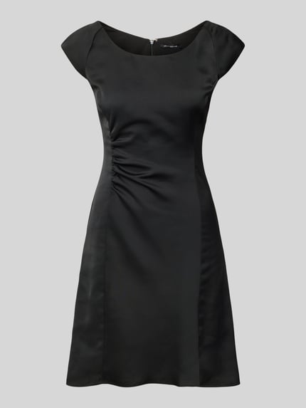 Produktfoto, Knielanges Kleid mit Raffungen von ARMANI EXCHANGE, czarny kolor, krój slim fit, długość do kolan, dekolt okrągły, marszczenia, długość pleców w rozmiarze 36: 93 cm, szerokość w rozmiarze 36: 42 cm, gładka tekstura