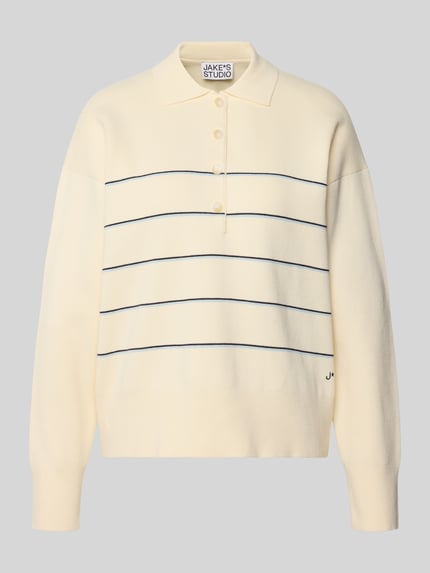 Produktfoto, Strickpullover mit Polokragen van JAKE*S STUDIO WOMAN, crème kleur, katoenmix, losse pasvorm, geribbelde boorden, fijne textuur.