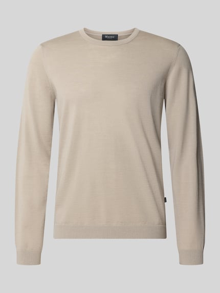 Produktfoto, Strickpullover aus Schurwolle mit Rundhalsausschnitt von MAERZ Muenchen in Beige, Regular Fit, glatte Oberfläche, Label-Detail sichtbar