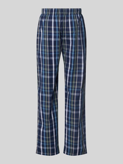Produktfoto, Pyjama-Hose aus reiner Baumwolle von Christian Berg Men, kariertes Muster in Blau und Grün, elastischer Bund mit Tunnelzug und Knopfverschluss, Label-Patch, gerade Passform