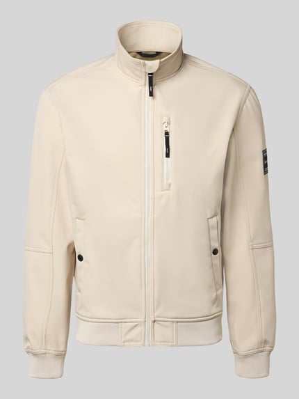 Produktfoto, Regular Fit Bomberjacke mit Stehkragen Modell 'Parker' von Jack & Jones in Beige, Softshell, Druckknopf- und Napoleontasche, elastische Abschlüsse, schlichte Textur