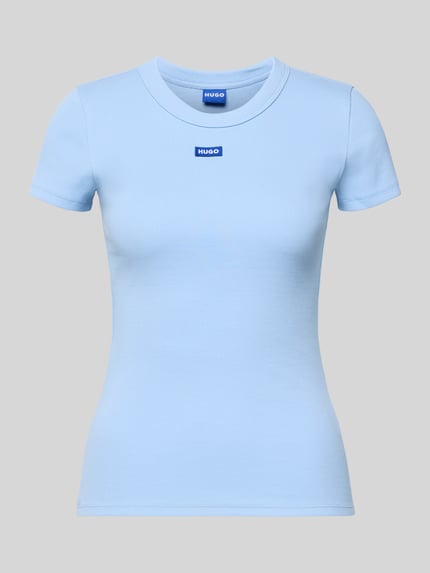 Produktfoto, Slim Fit T-Shirt aus Baumwoll-Mix Modell 'EASY TEE' von Hugo Blue in Hellblau, unifarben, kurze Ärmel, Rundhals, Label Patch, Rippstruktur