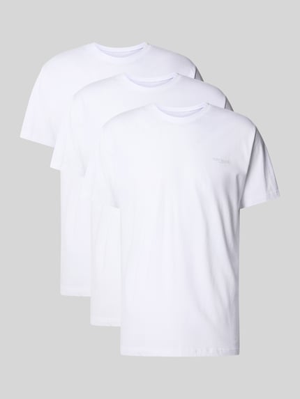 Produktfoto, T-Shirt mit Logo-Schriftzug im 3er-Pack von TOM TAILOR, weiß, unifarben, kurze Ärmel, Rundhals, Jersey, feine Struktur