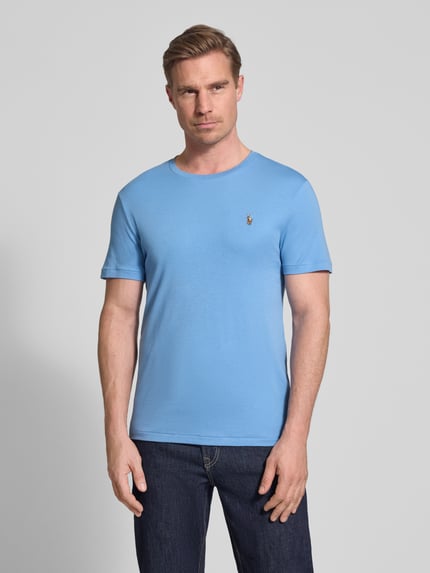 Mannenmodel draagt Regular Fit T-shirt uit puur katoen van Polo Ralph Lauren, look: effen, korte mouw, ronde hals, logostitching, jersey, voorkant volledige lichaamsweergave.