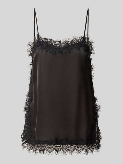Produktfoto, Trägertop mit Spitzenbesatz Modell 'LOUISE' von NOISY MAY®, schwarz, glatte Oberfläche, feine Spitzenstruktur am Rand, Regular Fit, Material-Mix mit Stretch-Anteil, Rückenlänge S: 40 cm.