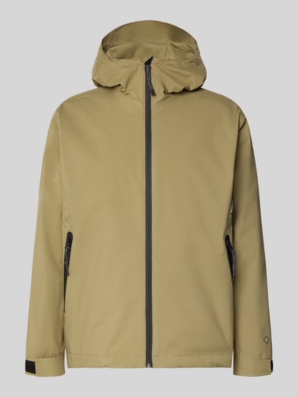 Produktfoto, beżowa Jacke mit Kapuze und Reißverschlusstaschen Modell 'CYCLONE' von GOFRANCK, czysta bawełna, prosty krój, regulowane mankiety, kieszenie boczne na zamek, detal z logo, długość tyłu w rozmiarze M: 71 cm, szerokość ramion w rozmiarze M: 48 cm, szerokość klatki piersiowej w rozmiarze M: 49 cm, długość rękawa w rozmiarze M: 65 cm