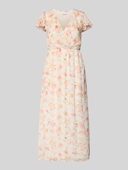 Produktfoto, Midikleid im Allover-Look Modell 'EMMA' von Vila in creme mit rosa Blumen, A-linie, v-hals, soepele stof, maat 36