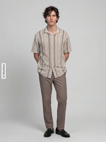 Männermodel trägt Relaxed Fit Sweatpants mit Viskose-Anteil von Lindbergh in Beige, weiche Struktur, elastischer Bund, Ganzkörperansicht von vorne.