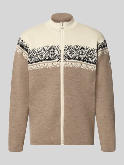 Produktfoto, Regular Fit Jacke aus reiner Wolle Modell 'Moritz' von Dale of Norway in Beige mit Strick-Optik, Stehkragen und Reißverschluss, detailreiches Muster im Schulterbereich, Rückenlänge 71 cm, Ärmellänge 63 cm.