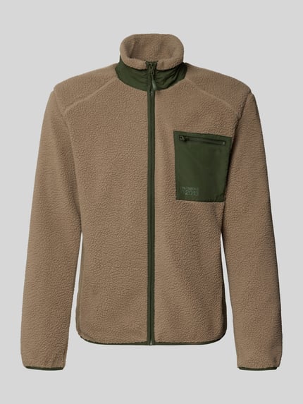 Produktfoto, Regular Fit Teddyjacke mit Stehkragen Modell 'DALLAS' von ONLY & SONS, beige Webpelzstruktur, grüne Details, Herrenjacke