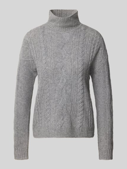 Produktfoto, pullover van kasjmier met kabelpatroon van Christian Berg Woman, recht model, opstaande kraag, ribboorden, ruglengte maat S 57 cm, mouwlengte maat S 64 cm, grijs, fijne textuur