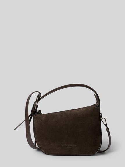 Produktfoto, Hobo Bag aus leer met kort hengsel Model 'INES' van LIEBESKIND BERLIN, gecoat leer, hoofdvak met ritssluiting, verstelbare schouderband, Reliëflogo, donkerbruin, zachte structuur, Breedte: 26 cm, Lengte: 18 cm, Diepte: 10 cm, schouderbandlengte: 116 cm.