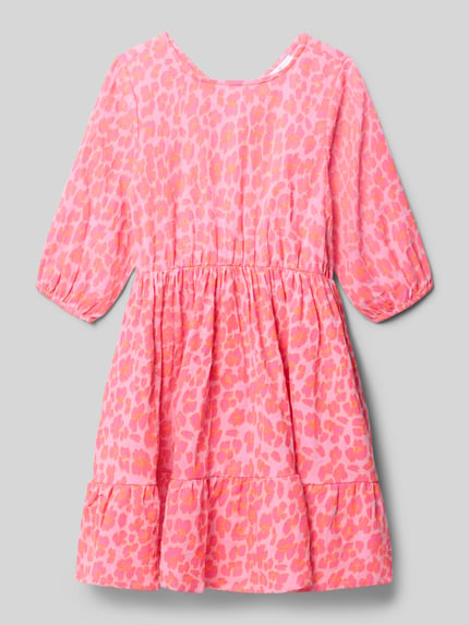 Produktfoto, Kinder Kleid im Stufen-Look mit Rundhalsausschnitt von DANAMADE, A-Linie, Reine Baumwolle, pink mit Muster, Rückenlänge 69 cm, Ärmellänge 36 cm bei Größe 140