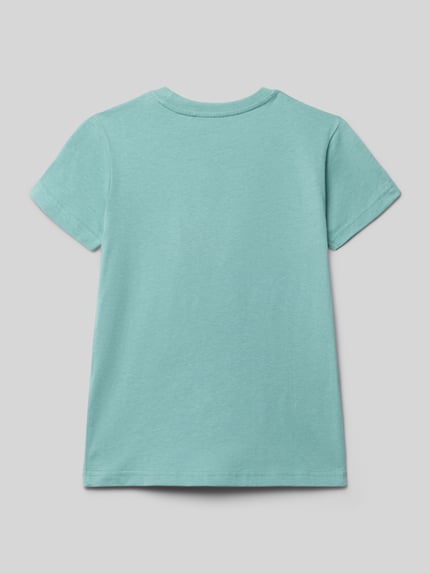 Produktfoto, T-Shirt mit Rundhalsausschnitt und Motiv-Print von Blue Seven aus reiner Baumwolle in hellem Türkis, gerader Schnitt, Rückansicht