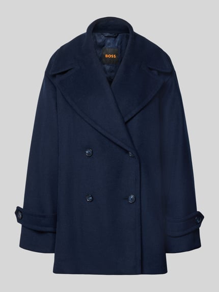 Produktfoto, dunkelblauer Regular Fit Mantel aus Woll-Mix Modell 'C_Cisabena' von BOSS Orange mit Knöpfen vor grauem Hintergrund.