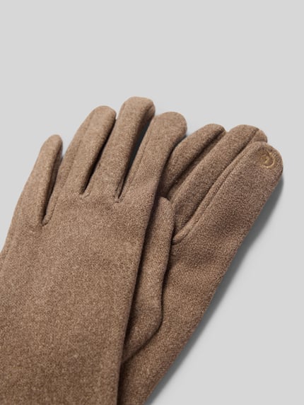 Produktfoto, Handschuhe aus elastischem Material-Mix mit Zierknöpfen von EEM, brauner Stoff, glatte Textur, Saum-Detail in Leder-Optik