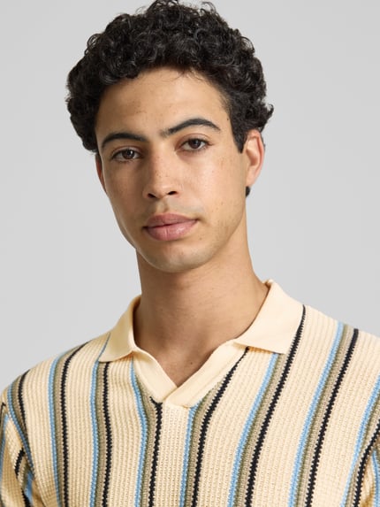Männermodel trägt Slim Fit Poloshirt mit V-Ausschnitt Modell 'AMOS' von Blend, Allover-Streifen, reine Baumwolle, Nahaufnahme Oberkörper.
