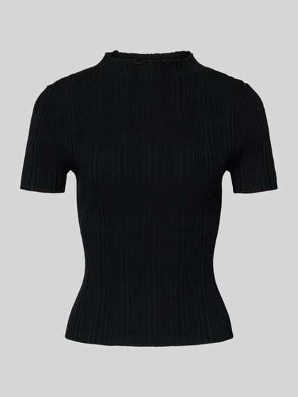Produktfoto, Slim Fit T-Shirt uit viscose-mix model 'SARPHAPILK' van HUGO in effen zwart met ribstructuur, mock neck en frill afwerking