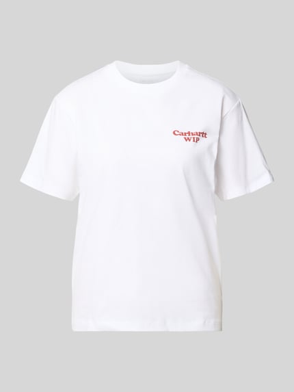 Produktfoto, białe T-Shirt z bawełny, prosty krój, nadruk z logo, T-Shirt mit Label-Print Modell 'Spoiled' od Carhartt Work In Progress