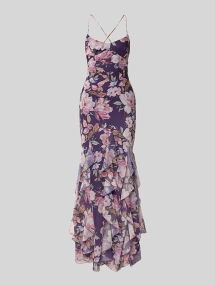 Produktfoto, Slim Fit Abendkleid mit Rüschenbesatz von ADLYSH, floraler Allover-Print, Schnürverschluss, Spaghettiträger, lila, fließende Textur