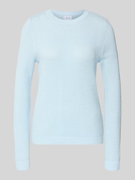 Produktfoto, hellblauer Strickpullover mit gerippten Abschlüssen Modell 'dalo' von Vila aus reiner Baumwolle, Slim Fit, strukturierte Textur