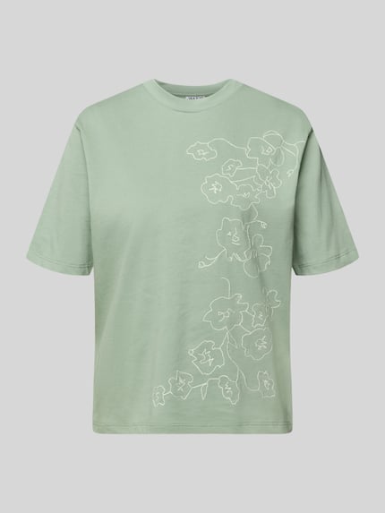 Produktfoto, T-Shirt mit Motiv-Stitching und Rundhalsausschnitt von JAKE*S STUDIO WOMAN, bawełna, prosty krój, jasnozielony, delikatny wzór kwiatowy