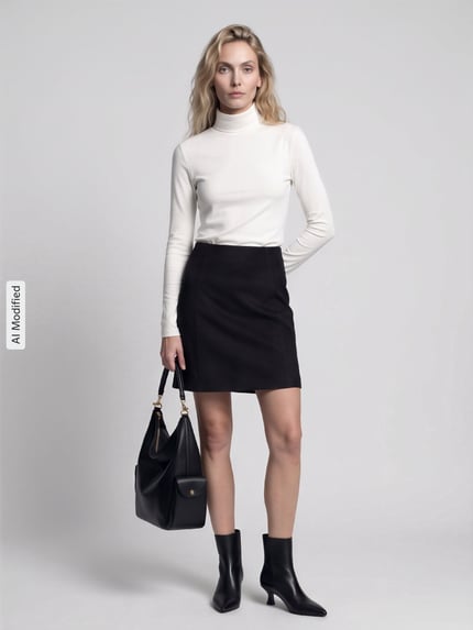 Frauenmodel trägt Ausgestellter Mini-Rock mit Teilungsnähten Modell 'DONNAHAZEL' von VERO MODA in Schwarz, kombiniert mit weißem Rollkragenpullover, glatte Texturen, Ganzkörperansicht von vorne, KI-modifiziertes Bild.