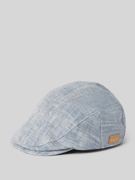 Produktfoto, Schiebermütze aus Leinen-Mix Modell 'Jarvis' von Barts in Blau-Weiß mit Denim-Optik und Logo-Detail, strukturierte Textur