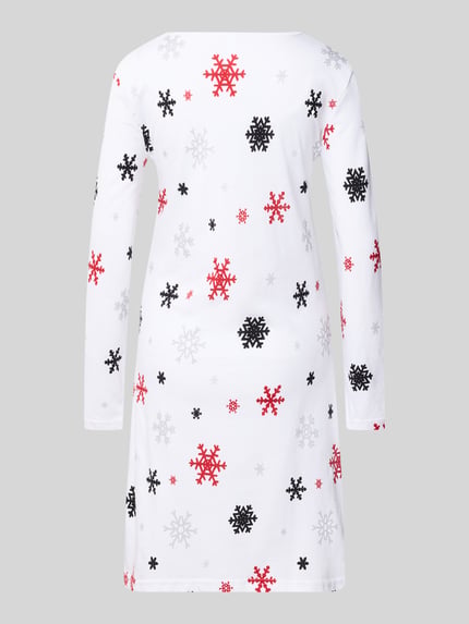 Productfoto, Nachthemd aus reiner Baumwolle Modell 'Winterzauber' van LOUIS & LOUISA, witte stof met rode, grijze en zwarte sneeuwvlokprint, getailleerde pasvorm, ronde hals, lange mouwen, borduurmotief