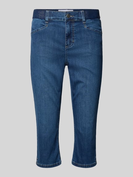 Produktfoto, blauwe capribroek van katoenmix met stretch, slim fit, elastische band, model 'AnnaCapri Sporty' van Angels