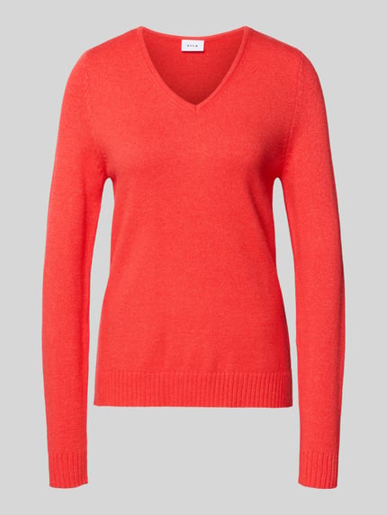 Produktfoto, Regular Fit Longsleeve aus Viskose in Strick-Optik Modell 'Viril' von Vila, Damen Longsleeve, leuchtend rot, V-Ausschnitt, elastische Abschlüsse, glatte Textur, Vorderansicht