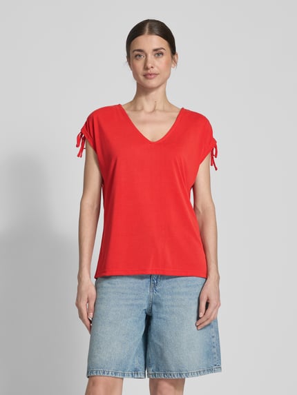 b.young T-shirt z prążkowanym dekoltem w serek model ‘PERL’ Czerwony 4